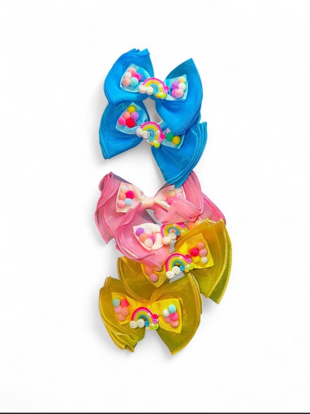 Kids Rainbow Pom-Pom Bow Hair Clips - Blue, Pink & Yellow